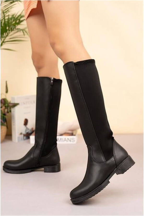 Leather look, zippered, stretchy knee-high boots. - 5