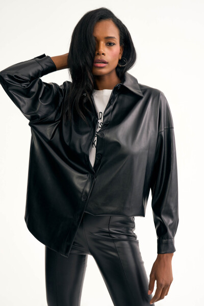 Leather Relaxed Shirt Jacket - Black - 1