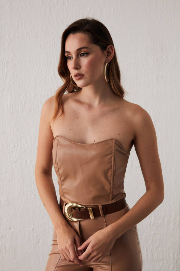 Leather Strapless Blouse - Camel - 3