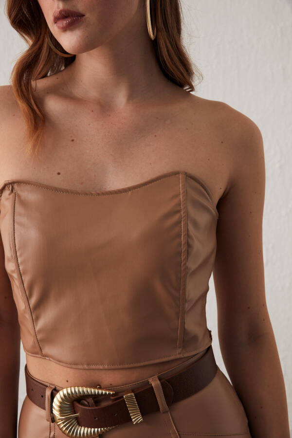 Leather Strapless Blouse - Camel - 6