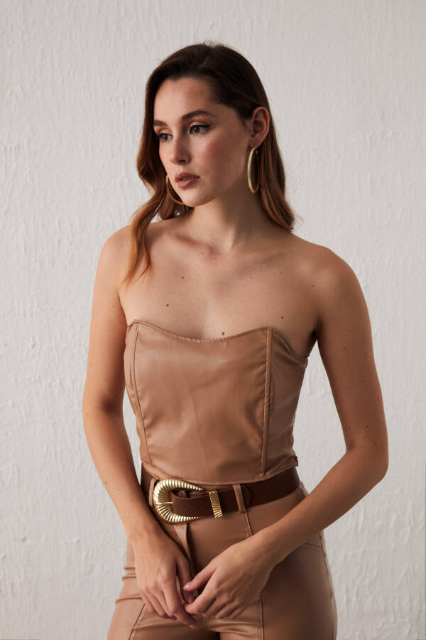 Leather Strapless Blouse - Camel - 10