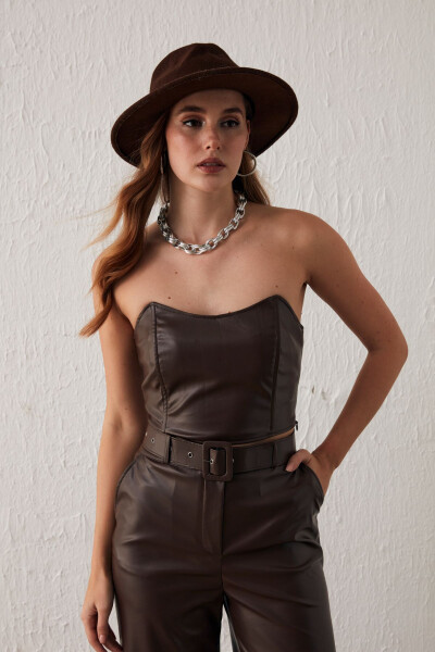 Leather Strapless Blouse - Dark Brown - 2