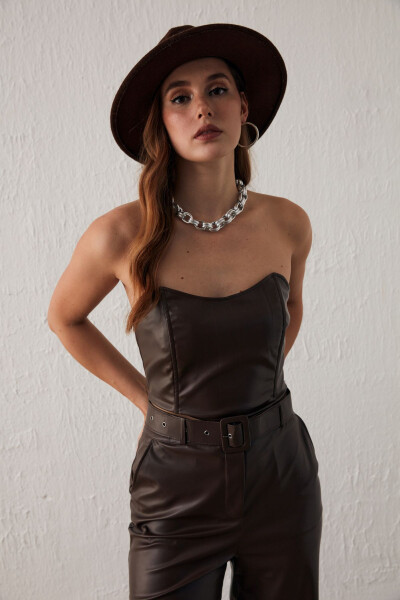 Leather Strapless Blouse - Dark Brown - 3