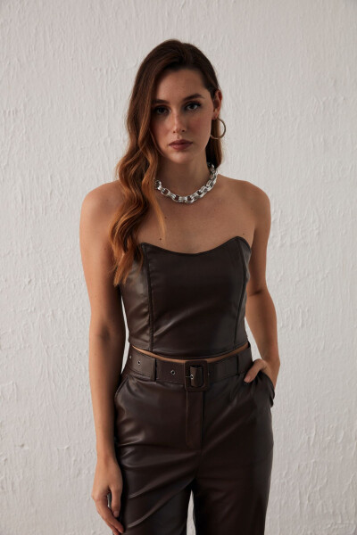 Leather Strapless Blouse - Dark Brown - 4