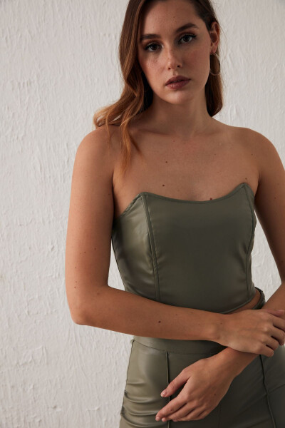 Leather strapless blouse, teal - 3