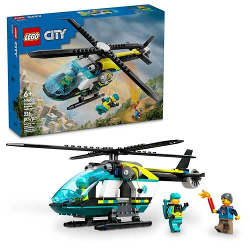 LEGO City Emergency Rescue Helicopter, Toy Aircraft Playset for Kids, Fun Gift for Boys and Girls Aged 6 Plus, Hiker, Rescuer, and Pilot Minifigures, Chopper with Winch and Spinnable Rotors, 60405 - 1