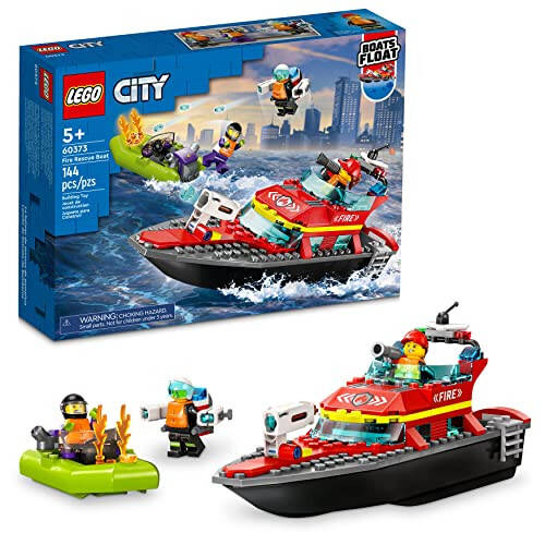 LEGO City Пожарная спасательная лодка 60373, Игрушка плавает на воде, с реактивным ранцем, шлюпкой и 3 минифигурками, Игрушки для повседневных героев для детей, мальчиков и девочек от 5 лет - 1