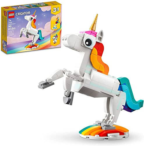 LEGO Creator 3 in 1 Magical Unicorn Toy, Transforms from Unicorn to Seahorse to Peacock, Rainbow Animal Figures, Unicorn Gift for Grandchildren, Girls and Boys, Buildable Toys, 31140 - 1