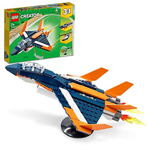 LEGO Creator 3 ta 1 Super Sonic Jet Samolyot O'yinchoq To'plami, Samolyotdan Vertolyotga va Tezlik Qayig'iga Aylanadi, Bolalar, O'g'il va Qizlar Uchun Quriladigan Transport Vositalari Modellar, 7 Yosh va Undan Katta, 31126 - 1