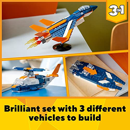 LEGO Creator 3 ta 1 Super Sonic Jet Samolyot O'yinchoq To'plami, Samolyotdan Vertolyotga va Tezlik Qayig'iga Aylanadi, Bolalar, O'g'il va Qizlar Uchun Quriladigan Transport Vositalari Modellar, 7 Yosh va Undan Katta, 31126 - 2