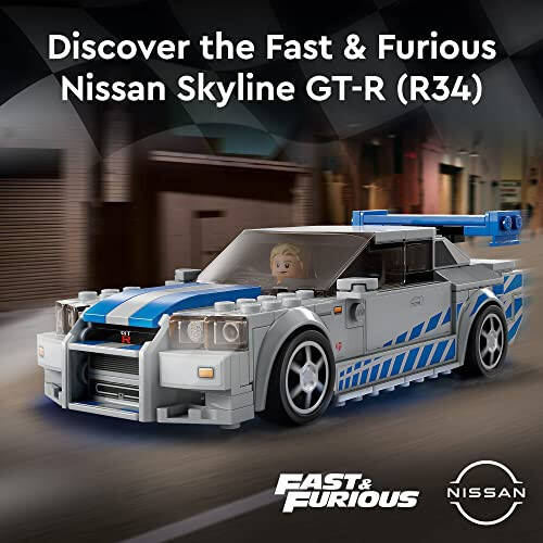 LEGO Speed Champions 2 tez tez 2 g'azab Nissan Skyline GT-R (R34), Po'g'ona mashina o'yinchoq modeli yaratish to'plami, Po'g'onachi minifigurasi bilan to'plam, 2023 yil bolalar, o'g'il va qizlar uchun 9 yoshdan boshlab 76917 - 2