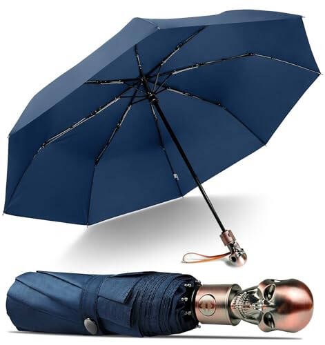 Lejorain Mens Black Skull Umbrella - Automatic Luxury Travel Windproof Umbrella Compact - Portable Strong Lightweight Rain Umbrella for Adults - 7