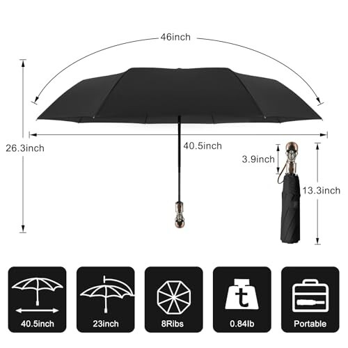 Lejorain Mens Black Skull Umbrella - Automatic Luxury Travel Windproof Umbrella Compact - Portable Strong Lightweight Rain Umbrella for Adults - 3