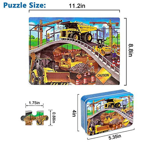 LELEMON Çocuklar İçin 4-8 Yaş, İnşaat Alanı 100 Parça Bulmaca, Eğitici Çocuk Bulmacaları Metal Kutu İçinde, Çocuklar İçin 100 Parça Bulmaca Oyunları Bulmaca Oyuncakları Kız ve Erkekler İçin - 2