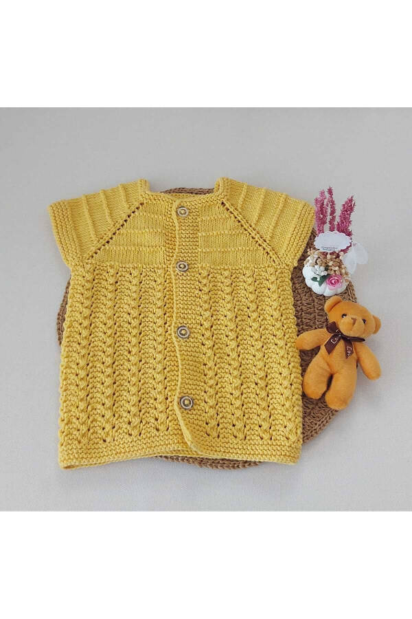 Lemon yellow, hand-knitted cotton vest for newborn baby. Buttoned, birth anniversary gift. 0-12 months. - 1