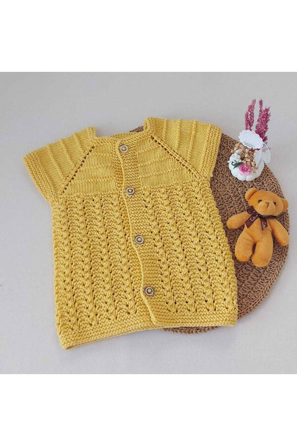 Lemon yellow, hand-knitted cotton vest for newborn baby. Buttoned, birth anniversary gift. 0-12 months. - 2