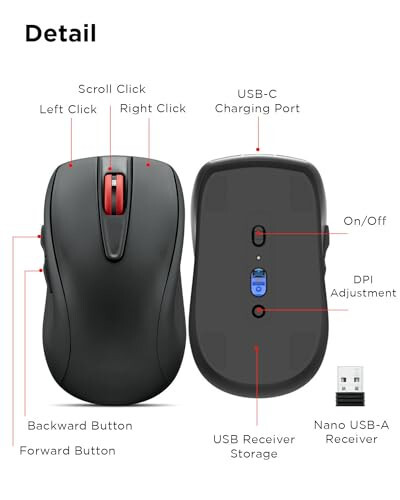 Lenovo USB-C Rechargeable Silent Mouse (WL500) - Silent Buttons, USB-C Rechargeable, Ambidextrous Grip, Adjustable DPI - Plug-and-Play 2.4G Receiver Computer Mouse (Black) - 7