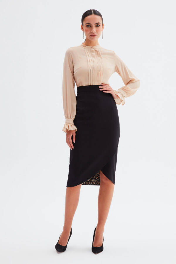 Leopard Lined Wrap Skirt - Black - 1