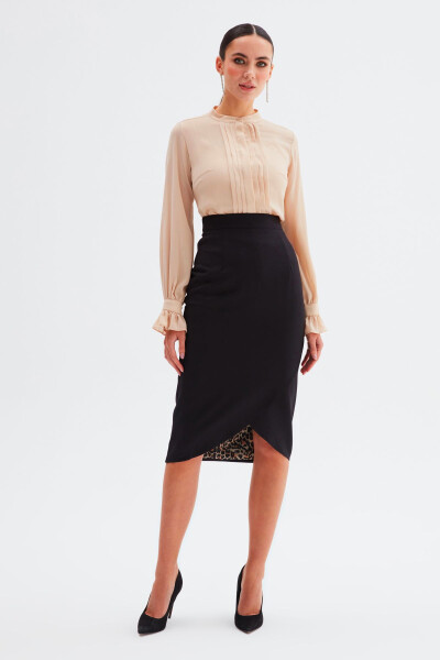 Leopard Lined Wrap Skirt - Black - 3