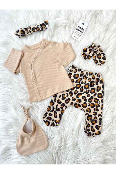 Leopard Pattern Beige 5-Piece Newborn Baby Hospital Discharge Set - 3