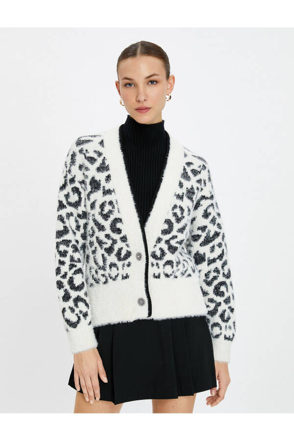 Leopard Print Cardigan with Stone Buttons and V Neck - 9