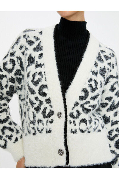 Leopard Print Cardigan with Stone Buttons and V Neck - 11