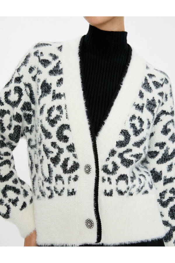 Leopard Print Cardigan with Stone Buttons and V Neck - 5