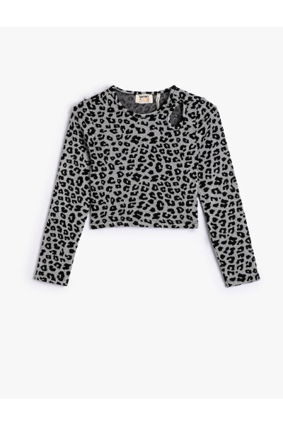 Leopard print, long sleeve, round neck, window detail crop top. - 1