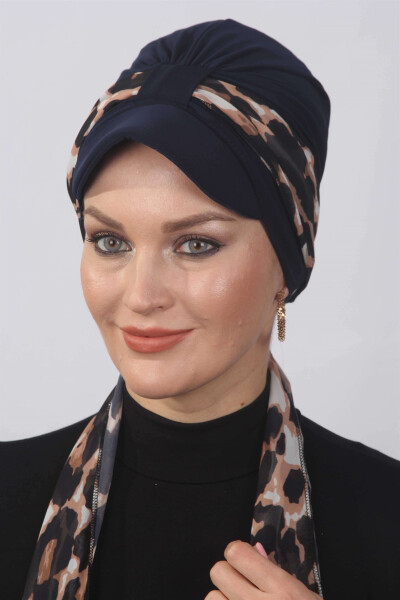 Leopard Scarf Hat Bonnet Navy Blue - 2