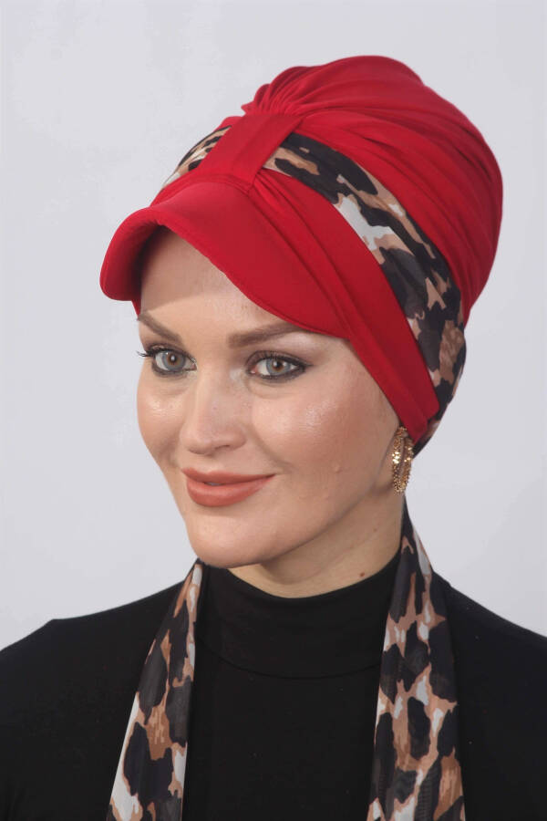 Leopard Scarf Hat Bonnet Red - 2