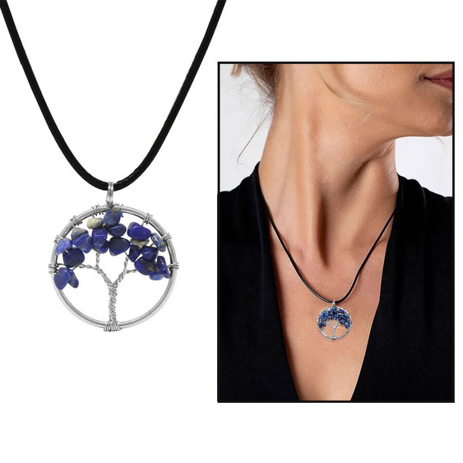 Life Tree Design Elegant Rope Chain Lapis Lazuli Natural Stone Women's Necklace - 3