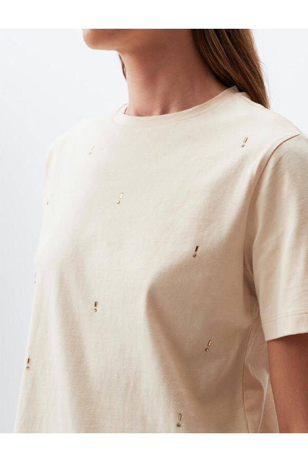 Light Beige Crew Neck Printed Cotton T-Shirt - 12