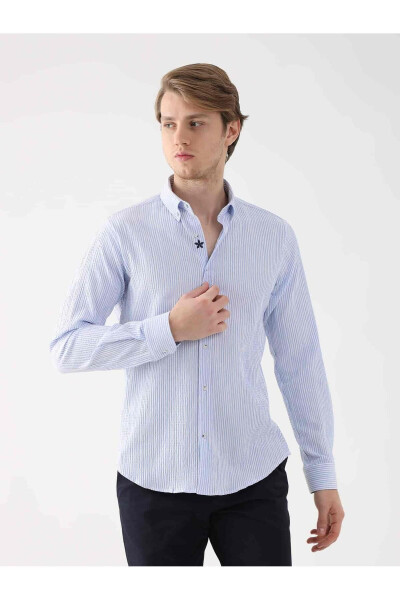 Light Blue Men's Slim Fit Waffle Pattern Button Down Long Sleeve Shirt - 95018 - 9