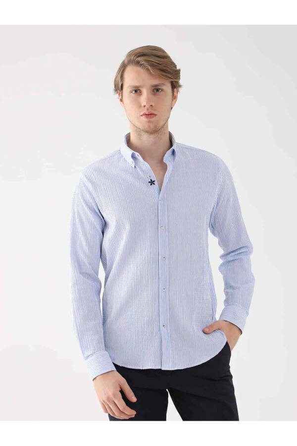 Light Blue Men's Slim Fit Waffle Pattern Button Down Long Sleeve Shirt - 95018 - 3