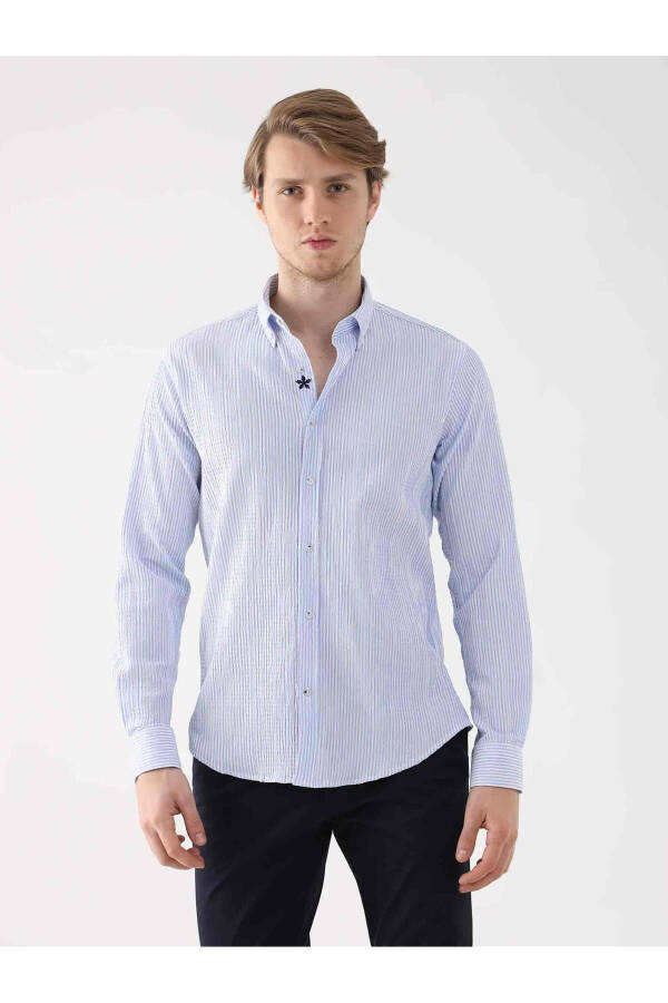 Light Blue Men's Slim Fit Waffle Pattern Button Down Long Sleeve Shirt - 95018 - 4