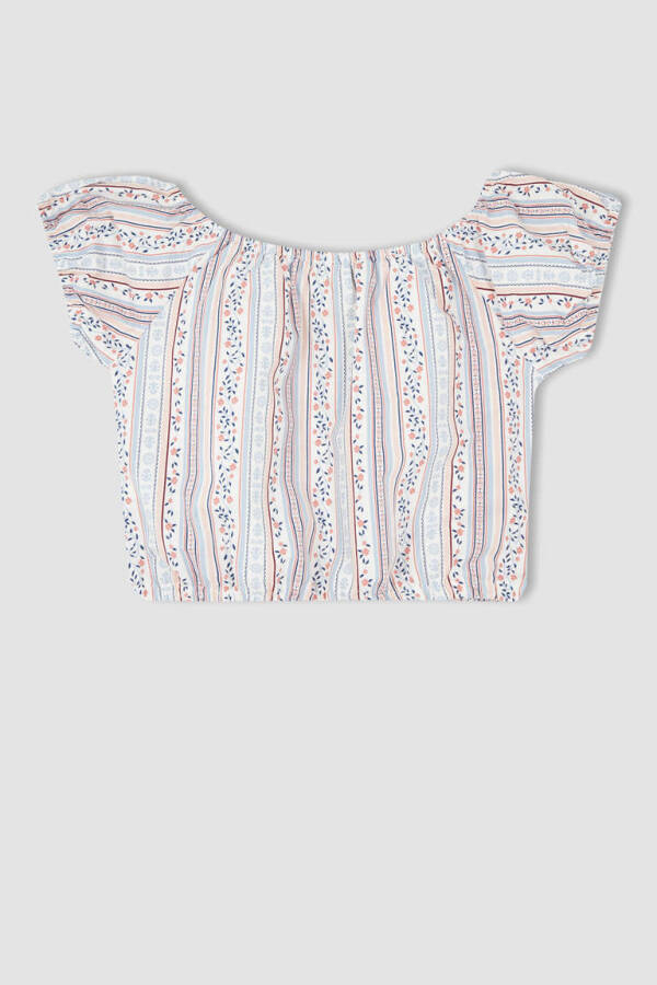 Light Blue Short-Sleeved Blouse with Pattern for Girls - 8