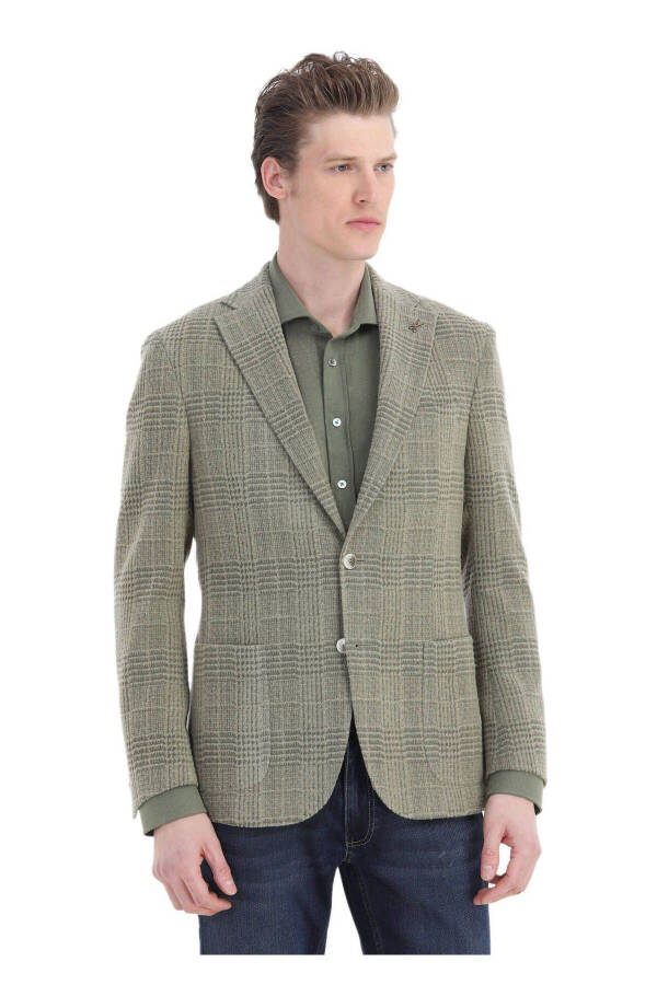 Light Green Checked Shirt Shoulder Slim Fit Wool Blend Jacket - 2