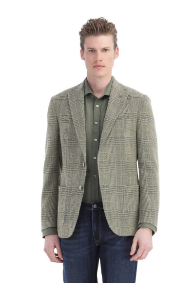 Light Green Checked Shirt Shoulder Slim Fit Wool Blend Jacket - 3