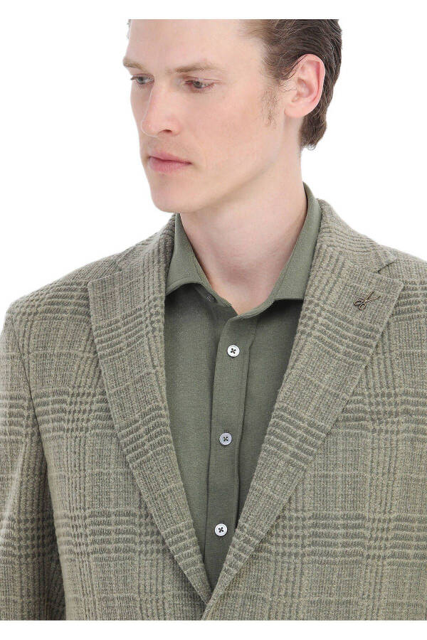 Light Green Checked Shirt Shoulder Slim Fit Wool Blend Jacket - 4