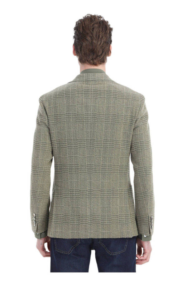 Light Green Checked Shirt Shoulder Slim Fit Wool Blend Jacket - 6