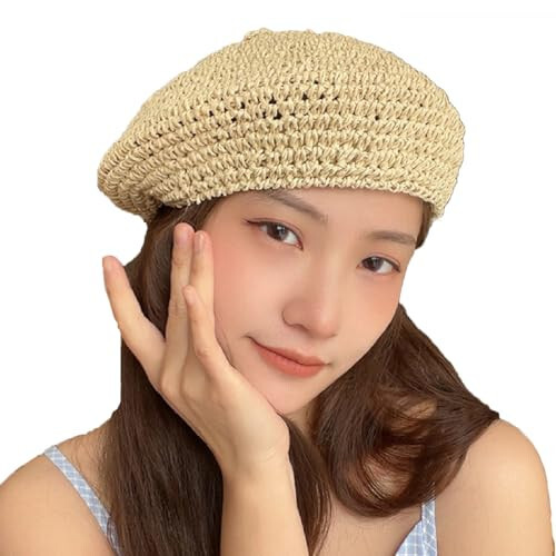 Lightbird Women's Straw Beret Hat Summer French Beret Hats Sun Cap Artist Crochet Beret - 2