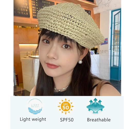 Lightbird Women's Straw Beret Hat Summer French Beret Hats Sun Cap Artist Crochet Beret - 3