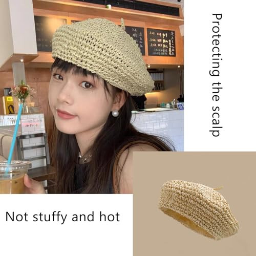 Lightbird Women's Straw Beret Hat Summer French Beret Hats Sun Cap Artist Crochet Beret - 5