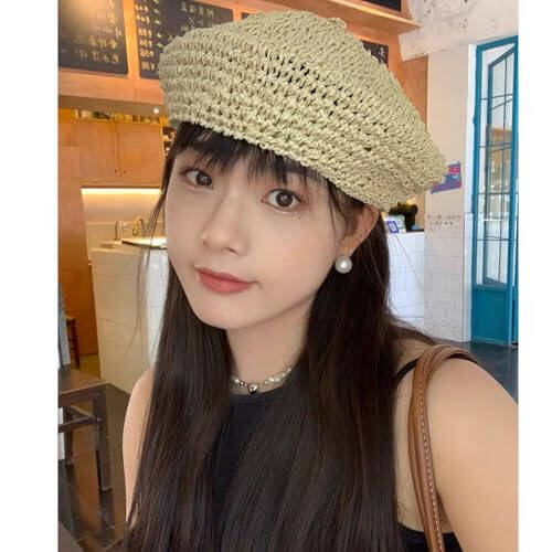 Lightbird Women's Straw Beret Hat Summer French Beret Hats Sun Cap Artist Crochet Beret - 6