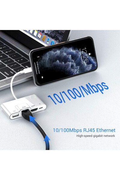 Lightning iPad Tablet iPhone HDMI USB RJ45 Dönüştürücü Görüntü Aktarıcı ve Youtube Yayıncı 4'ü 1 Arada - 3