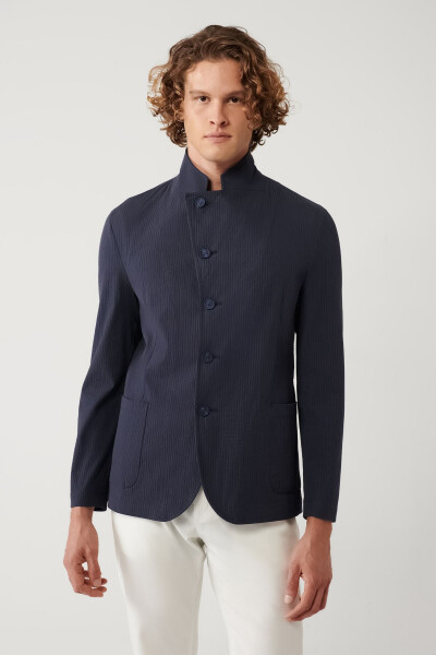 Lightweight, comfortable, slim fit, pocket, unlined, navy blue men's jacket. - 3