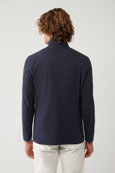 Lightweight, comfortable, slim fit, pocket, unlined, navy blue men's jacket. - 4