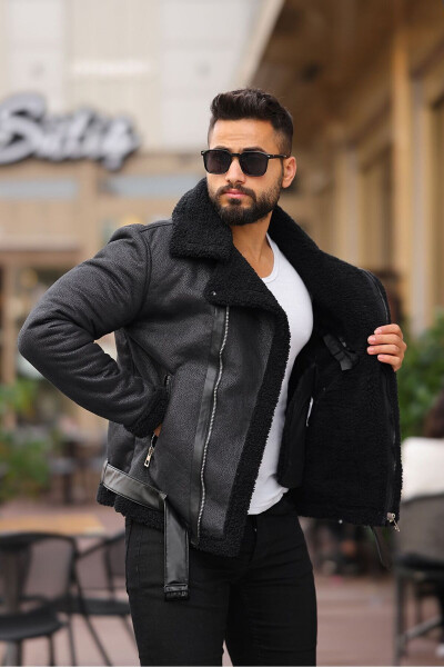 Lined Leather Double-Breasted Coat with Full Fur Lining - 2