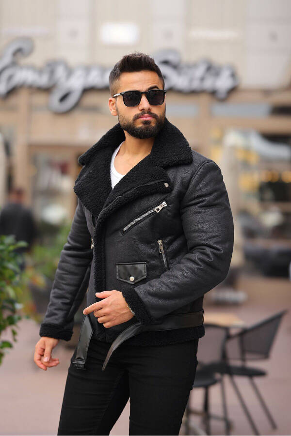 Lined Leather Double-Breasted Coat with Full Fur Lining - 5