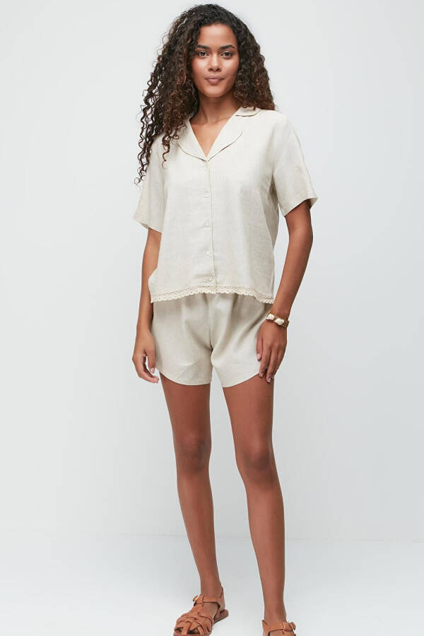 Linen Lace Detail Short Sleeve Shirt Shorts Set 9145 Beige - 1